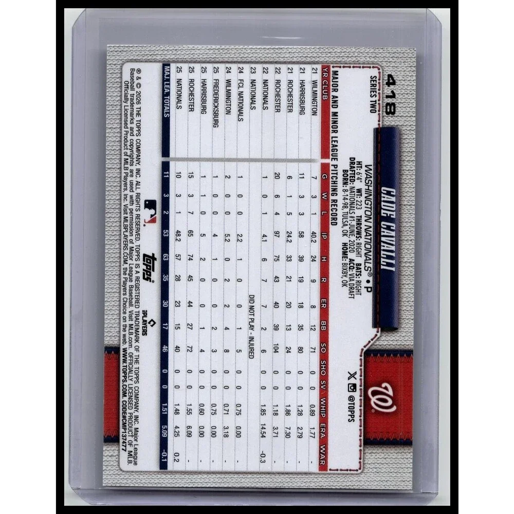 2026 Topps Cade Cavalli #418 Washington Nationals Gold #/2026